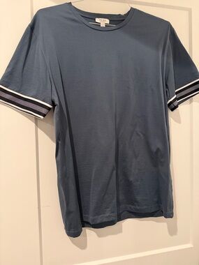 Reiss Men's Short-Sleeve Crewneck Tee in Dusty Blue with Striped Sleeve Trim